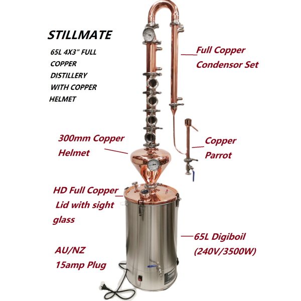 65L Copper 3" x 4 Plate Colume Modular Micro Distillery with Helmet - Free Power station