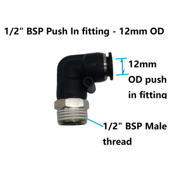 1/2" BSP(Male) - 12mm Push In Fitting - 90C Elbow