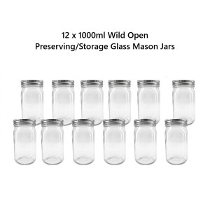 12 x 1000mL Wide Mouth Quart Mason Jars & Lids
