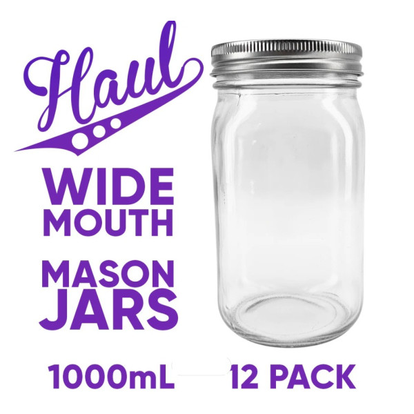 12 x 1000mL Wide Mouth Quart Mason Jars & Lids