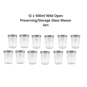 12 x 500mL Wide Mouth Mason Jars & Lids