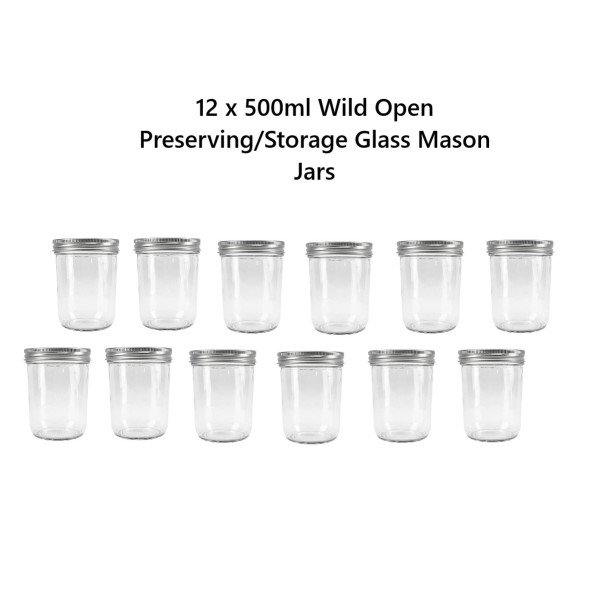 12 x 500mL Wide Mouth Mason Jars & Lids