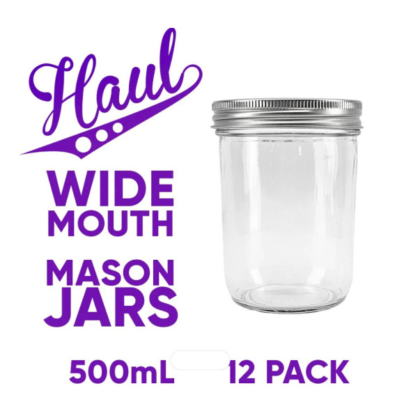 12 x 500mL Wide Mouth Mason Jars & Lids