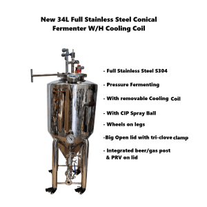 New Full Stainless Steel 34L Conical Fermenter with Cooling coill and accessories bundle
