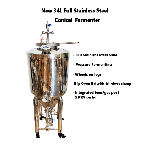 New Full Stainless Steel 34L Conical Fermenter (Basic Setup)
